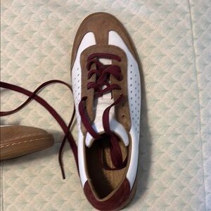 Brown and White Sneakers with Burgundy Laces